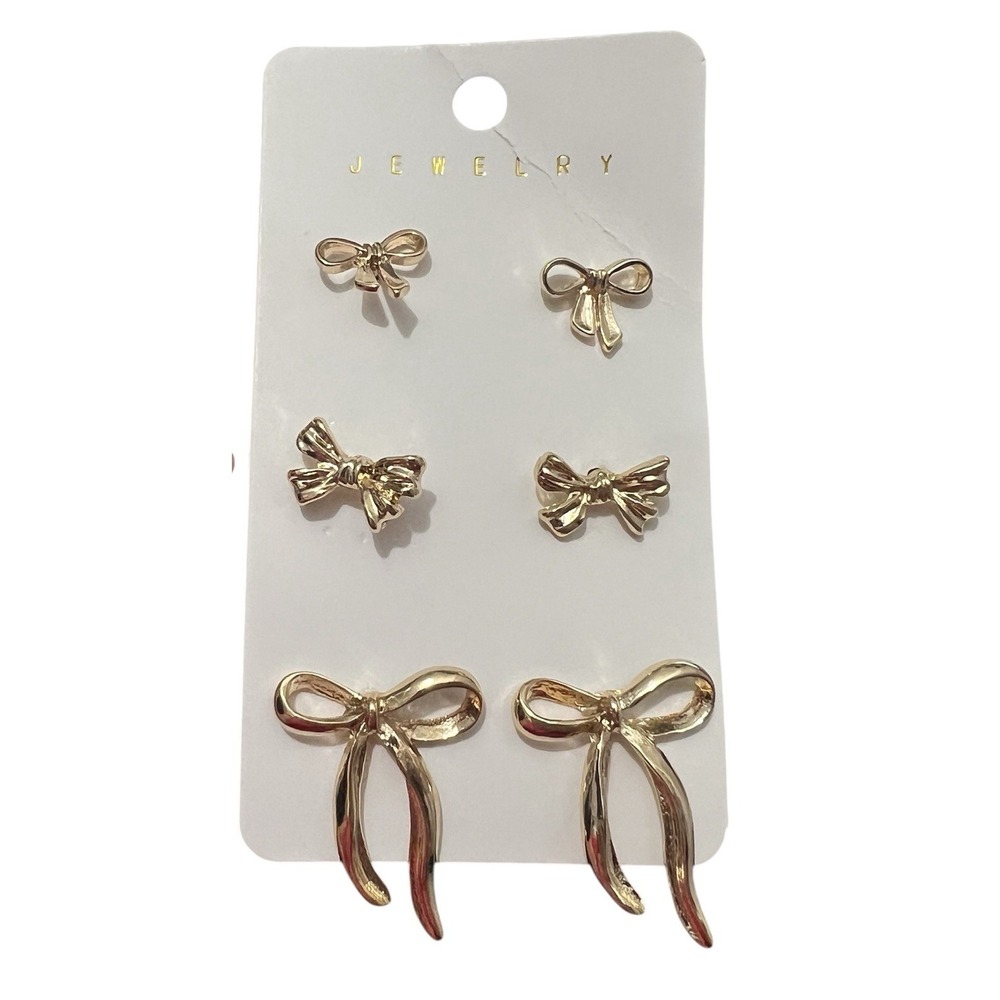 NWT Bow Earrings‎ Set Of 3 Gold Tone Stud Girly Minimal Classic